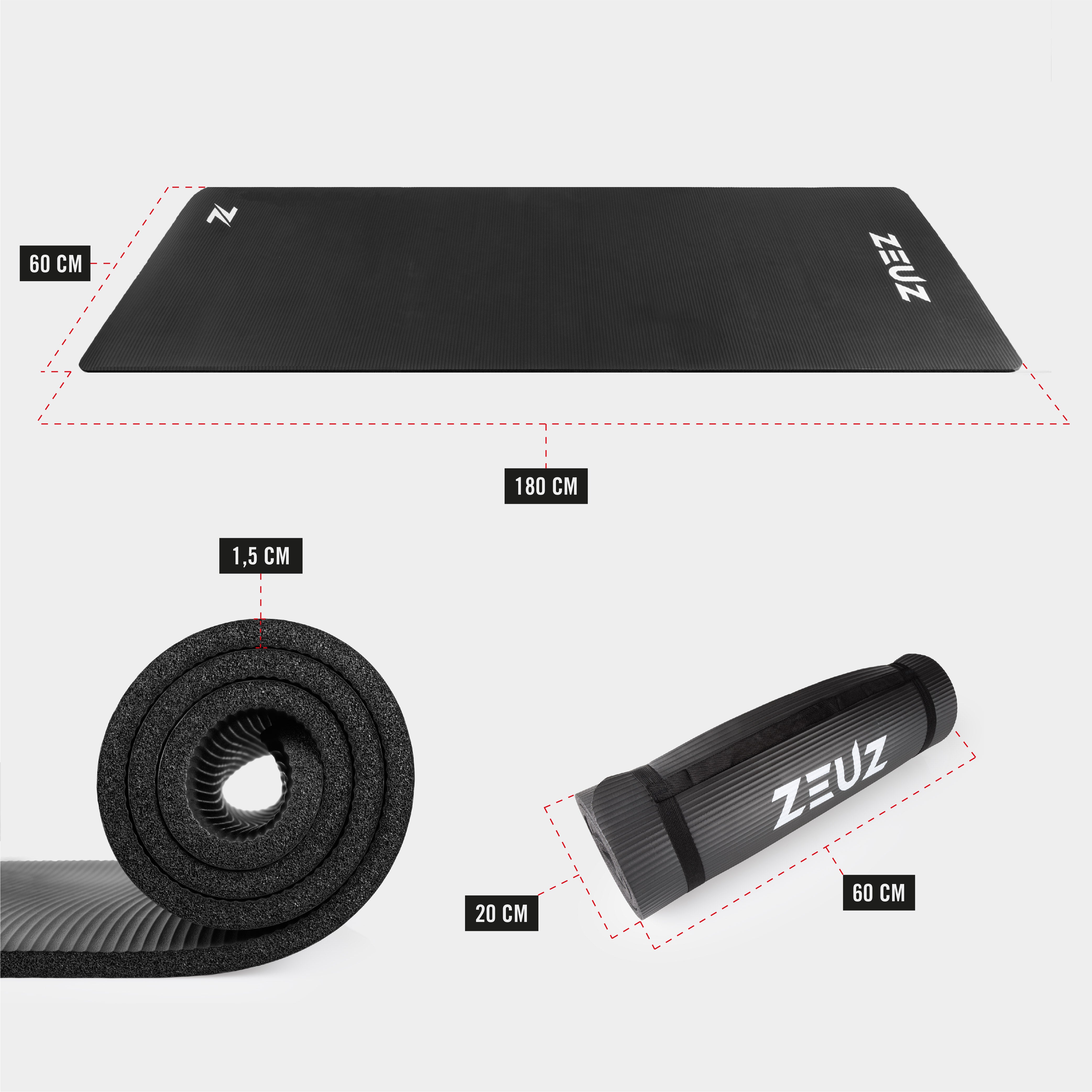 ZEUZ Yoga, Fitness, Sport Mat 180 x 60 x 1,5 CM - Incl. Carrier Bag - Black